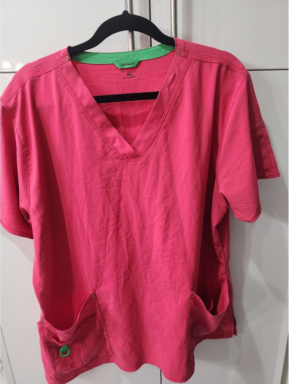 Carhartt XL Pink V-Neck Scrub Top with Green Trim and Pockets